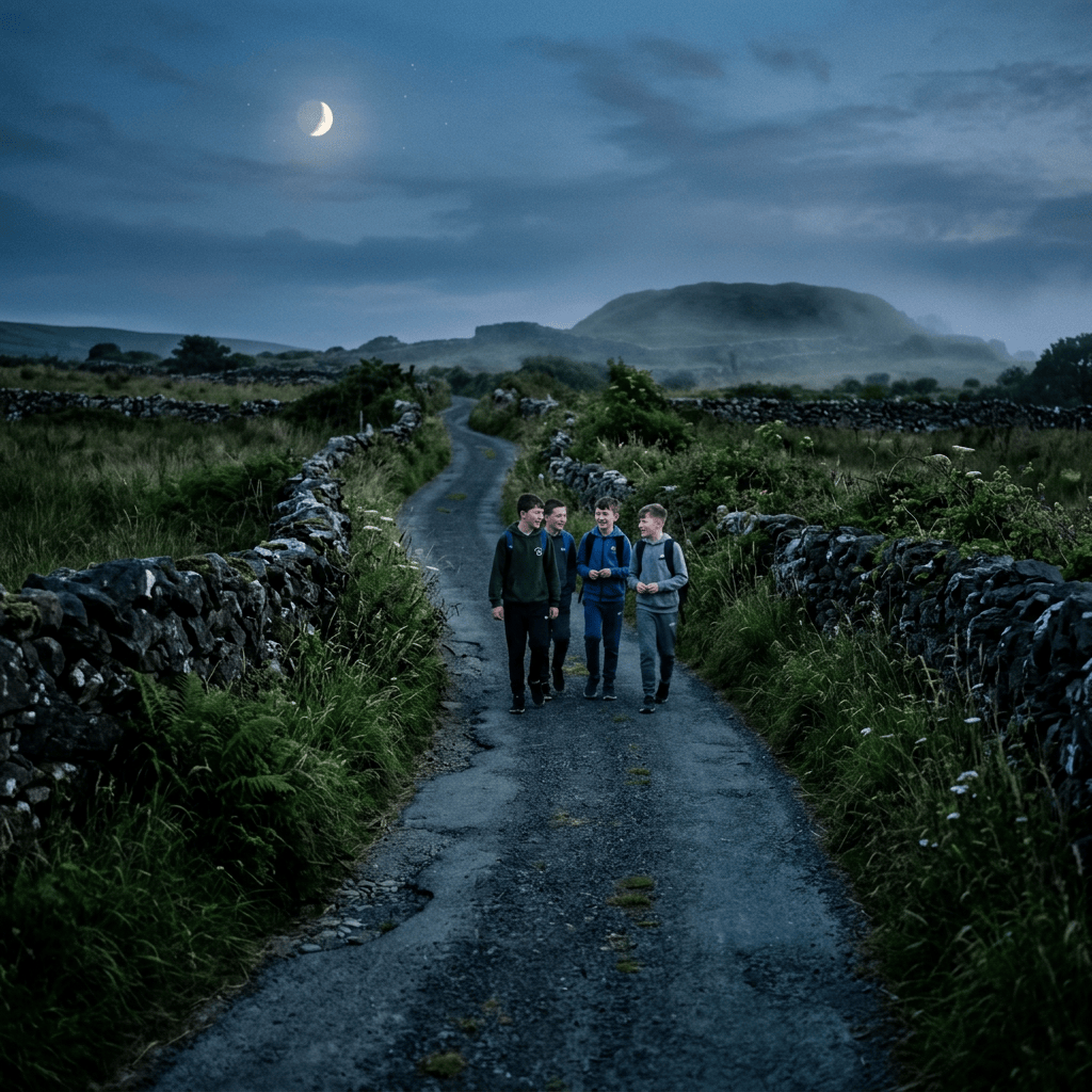 Four friends walking on a narrow lane between stone walls beneath a crescent moon