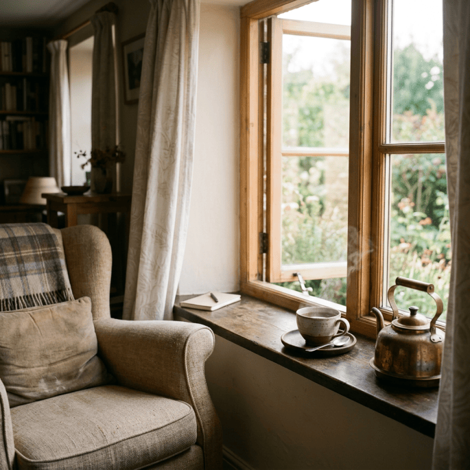 Steaming tea beside an open window